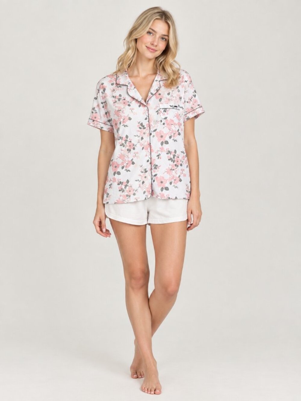 2/$30 TAHARI Floral Print Piped Button-Down Pajama Shirt White Blush XL #A4829